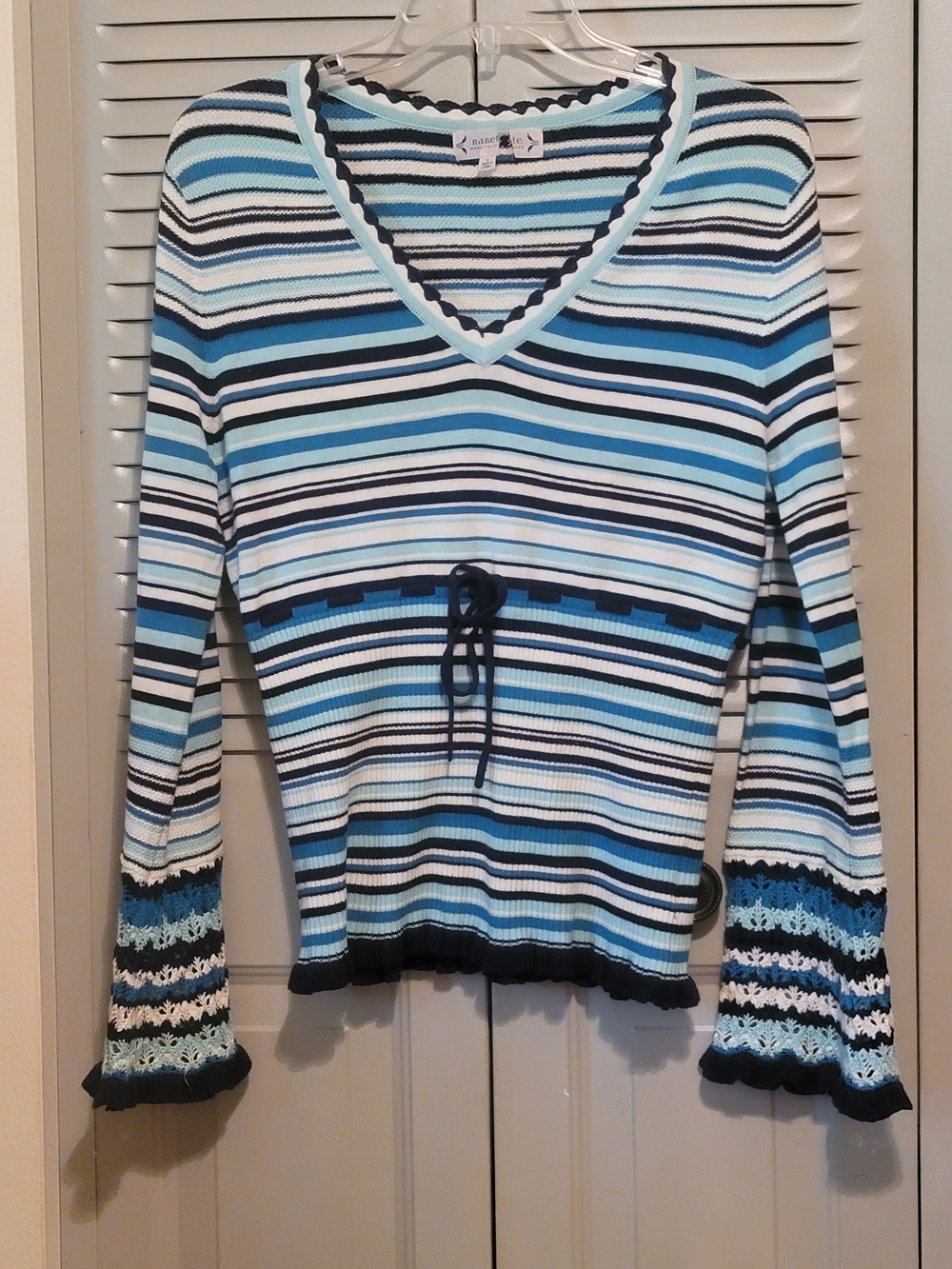 Nannette Striped V-Neck Long Sleeve Top in Light Blue, White and Black